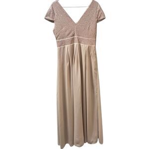 Sequin Maxi Dress Womens Large Gold Short Sleeve Empire Glam Party Holiday Dance